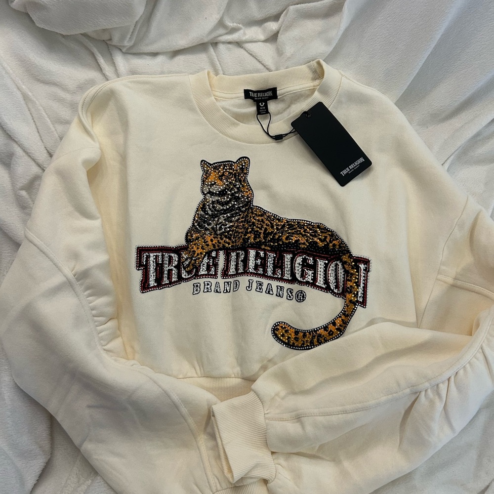 True Religion Beige Sweatshirt with Leopard Graphic